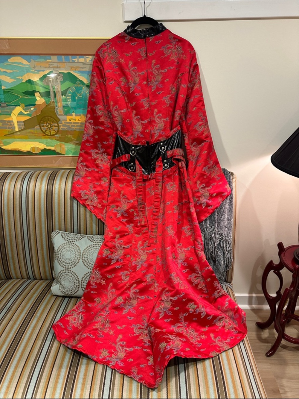 VINTAGE Lip Service Red Brocade Gothic Long Sleeve Dress with Black Accents - Picture 8 of 16